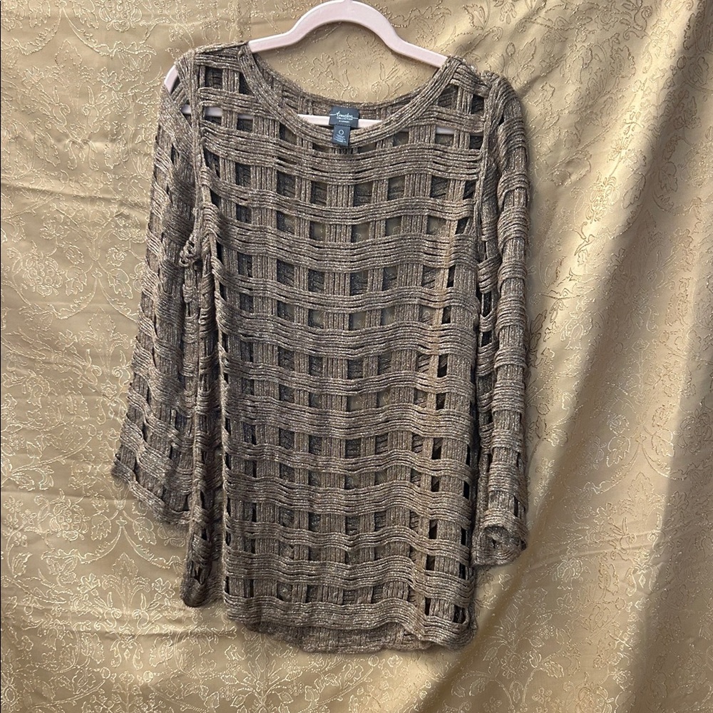 Chico's Open-Weave Taupe Crochet Pullover